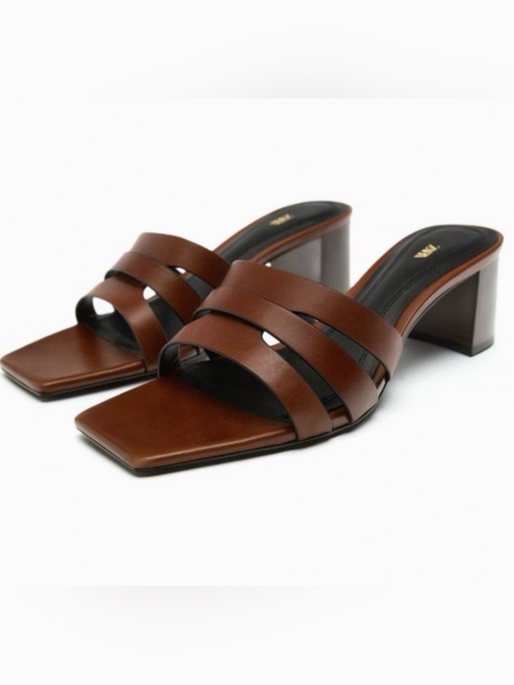 Zara Leather Heeled Sandals Size 38 Brown Strappy Square Toe Block Heel